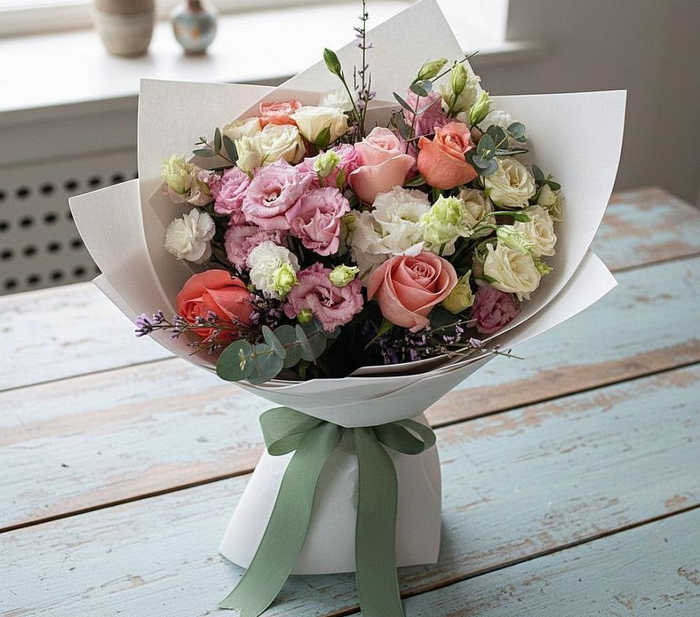 Букет цветов из: Розы, Лизиантусы и Гвоздики в Лагань