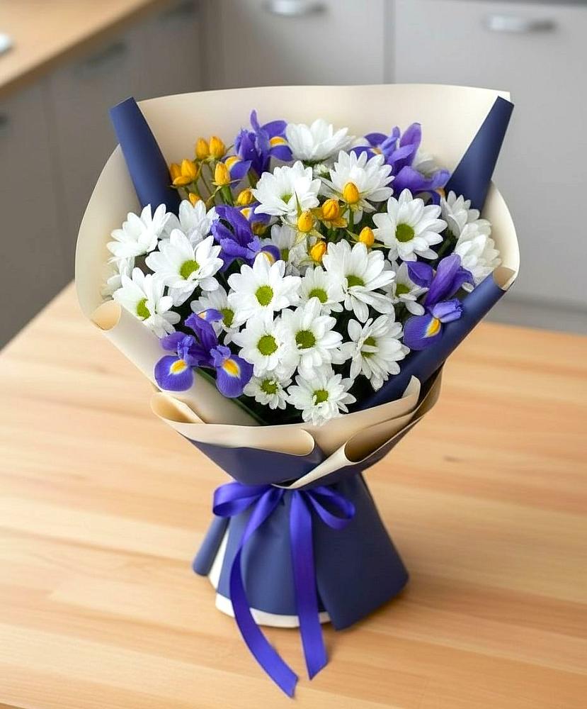 Букет цветов из: Розы, Ирисы и Хризантемы в Лагань
